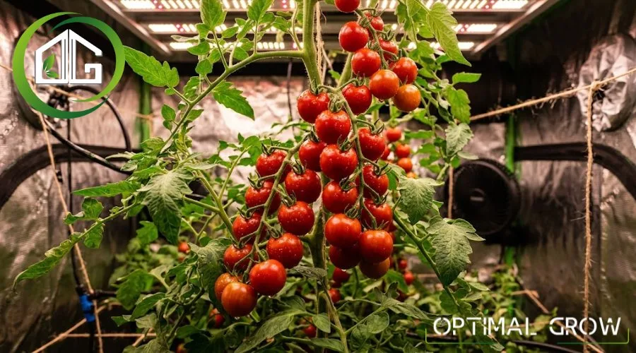 Grappes de tomates cerises en cours de fructification en chambre de culture indoor